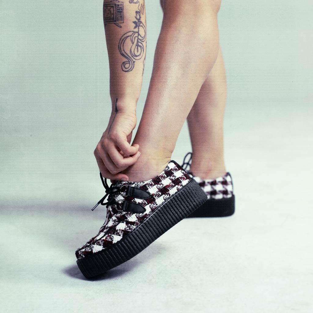 TUK Shoes White Black and Red Checkered Tweed Viva High Creepers