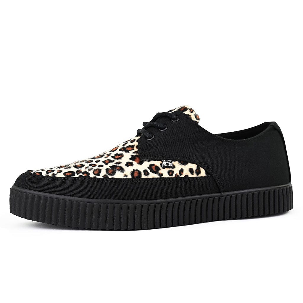 TUK Shoes Pointed Creeper Sneaker Black Canvas & Leopard Faux Fur