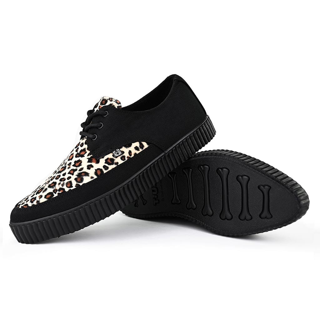 TUK Shoes Pointed Creeper Sneaker Black Canvas & Leopard Faux Fur