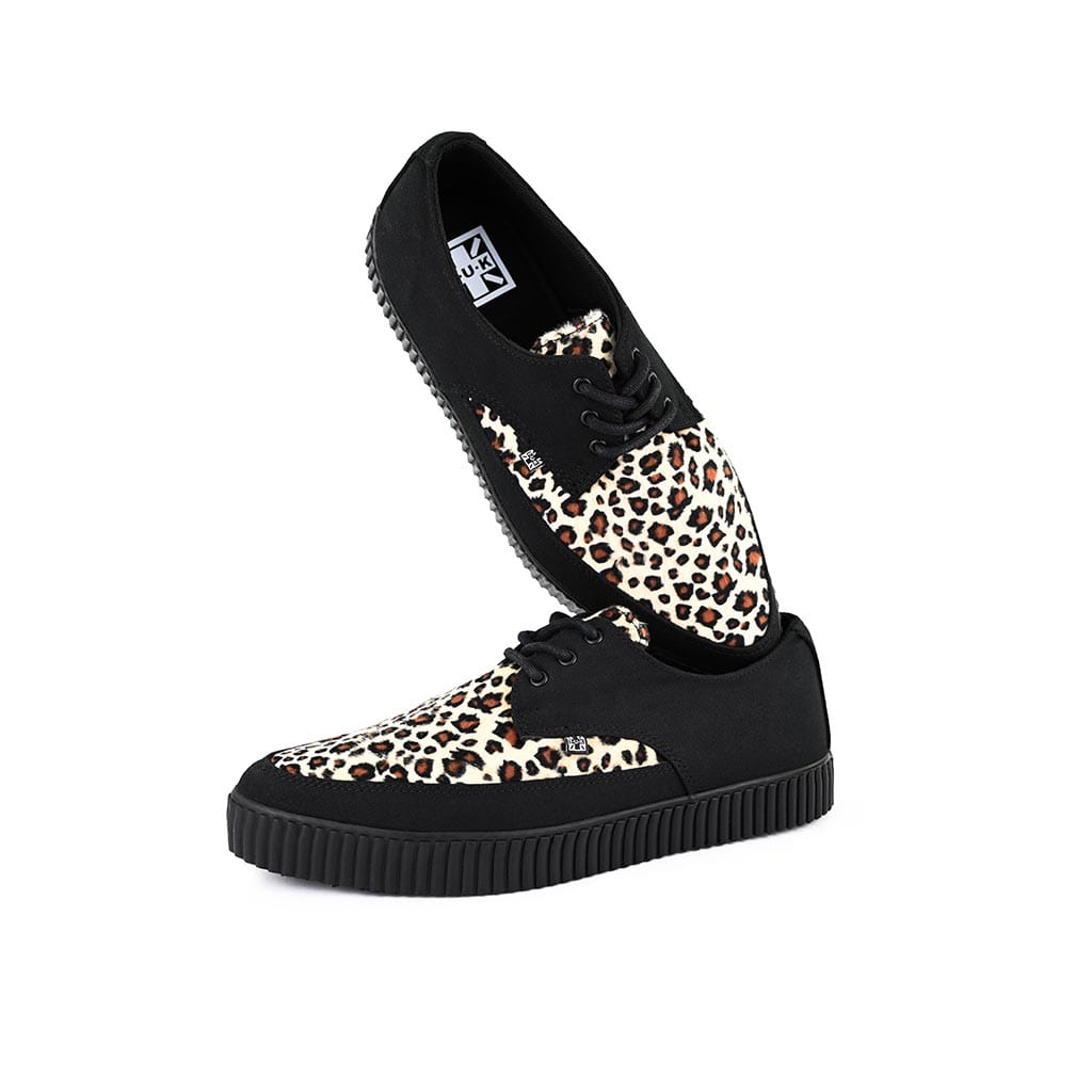 TUK Shoes Pointed Creeper Sneaker Black Canvas & Leopard Faux Fur