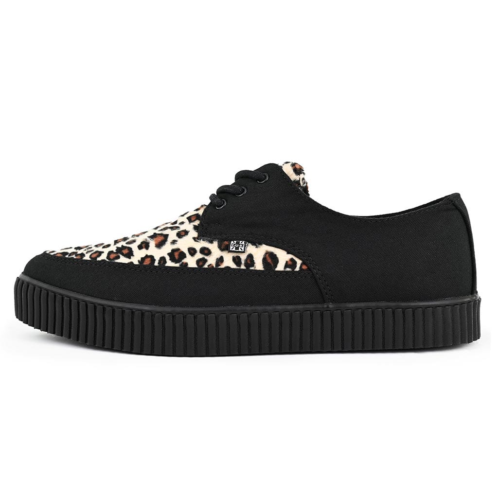 TUK Shoes Pointed Creeper Sneaker Black Canvas & Leopard Faux Fur