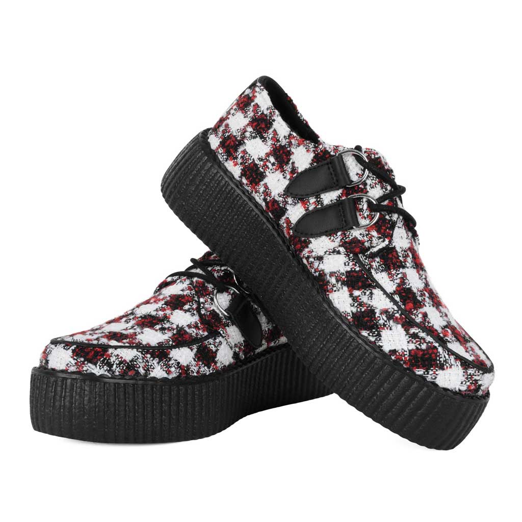 TUK Shoes White Black and Red Checkered Tweed Viva High Creepers